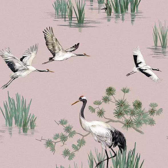 Rózsaszín alapon keleties japán stílusú daru madár mintás dekor tapéta