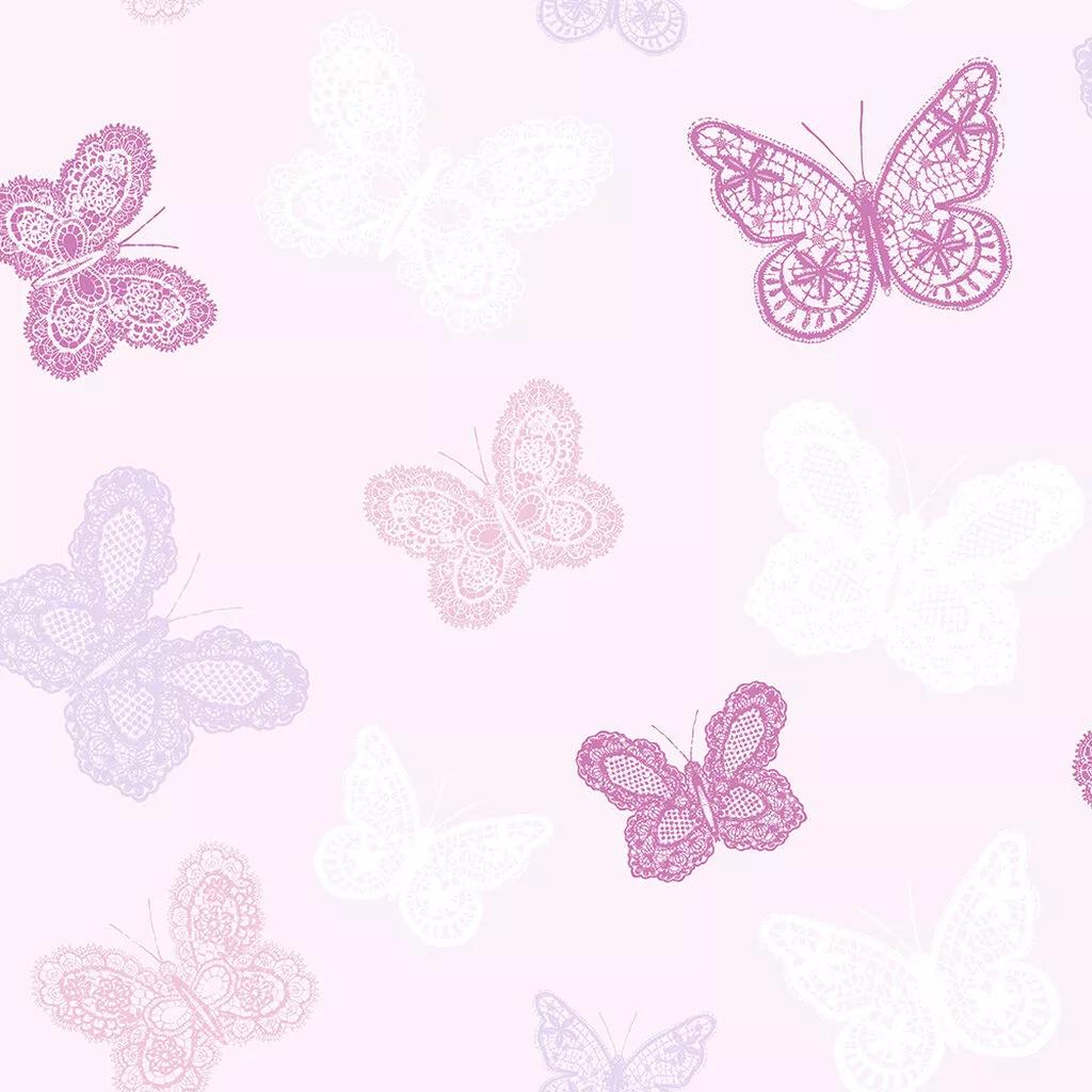 Rózsaszín alapon lila rózsaszín pillangó mintás tapéta lányszobába