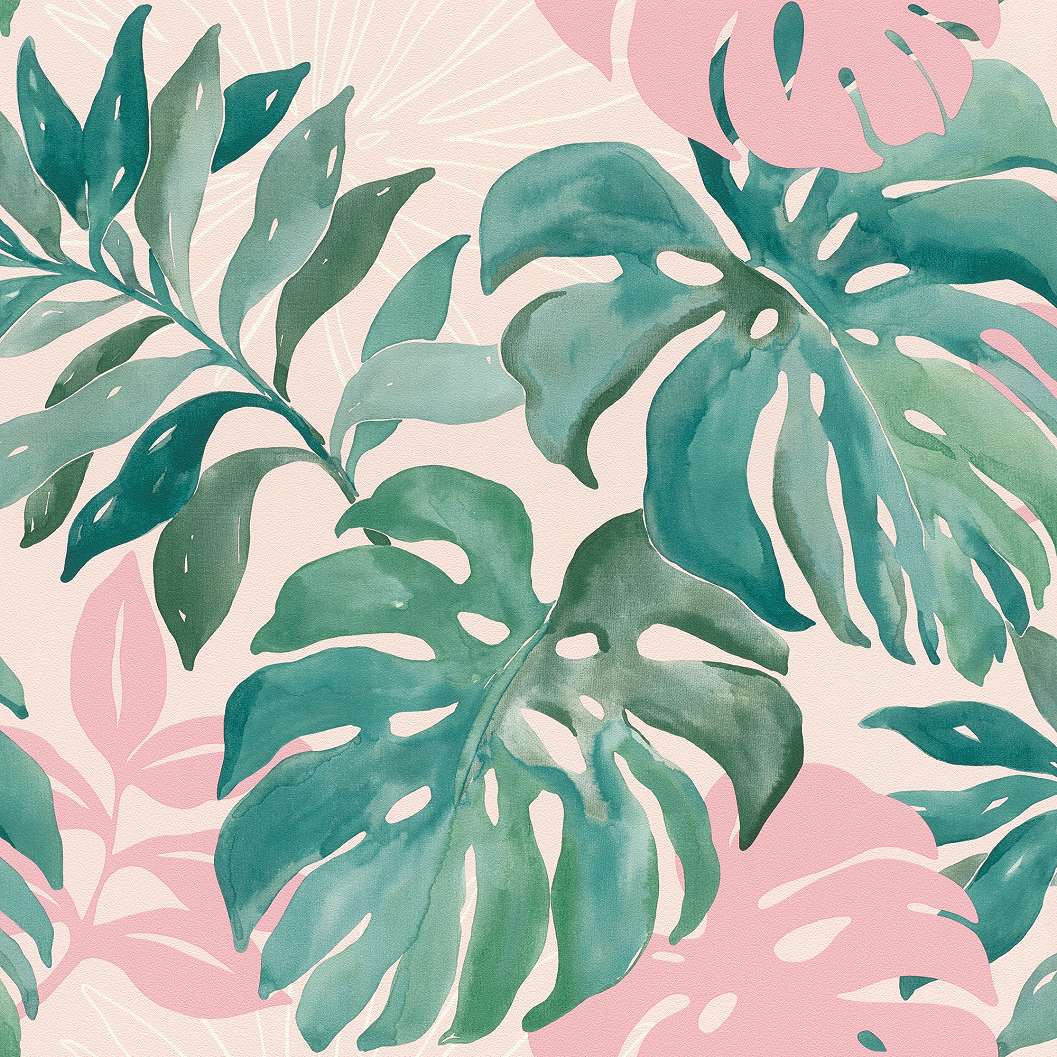 Rózsaszín alapon zöld pálmalevél mintás vlies dekor tapéta