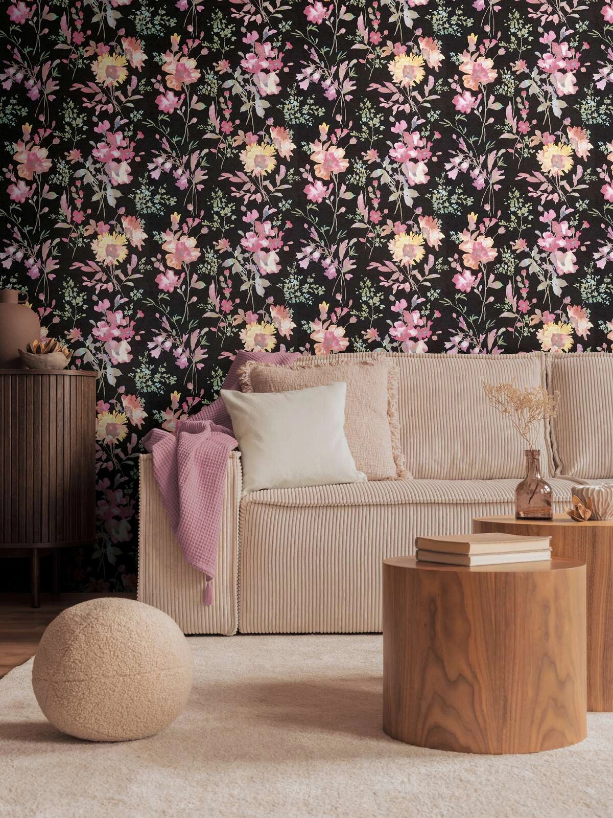 Rózsaszín és fekte virág mintás vinyl dekor tapéta