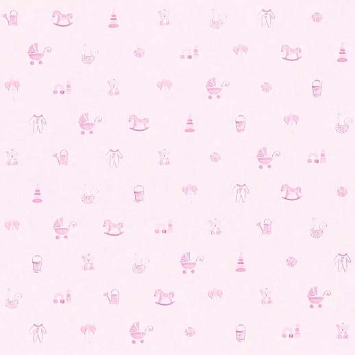 Rózsaszín gyerektapéta apró hintaló, maci, labda mintával