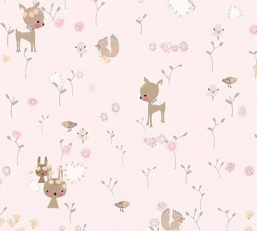 Rózsaszín gyerektapéta kedves erdei állat mintákkal, mókus, nyuszi, őzike