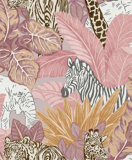 Rózsaszín gyerektapéta zebra zsírás és pálmalevél mintával