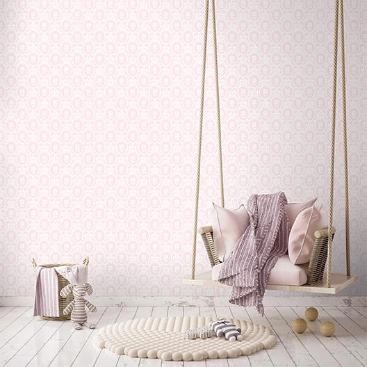 Rózsaszín mosható gyerektapéta masni és virág mintákkal textilhatású alapon