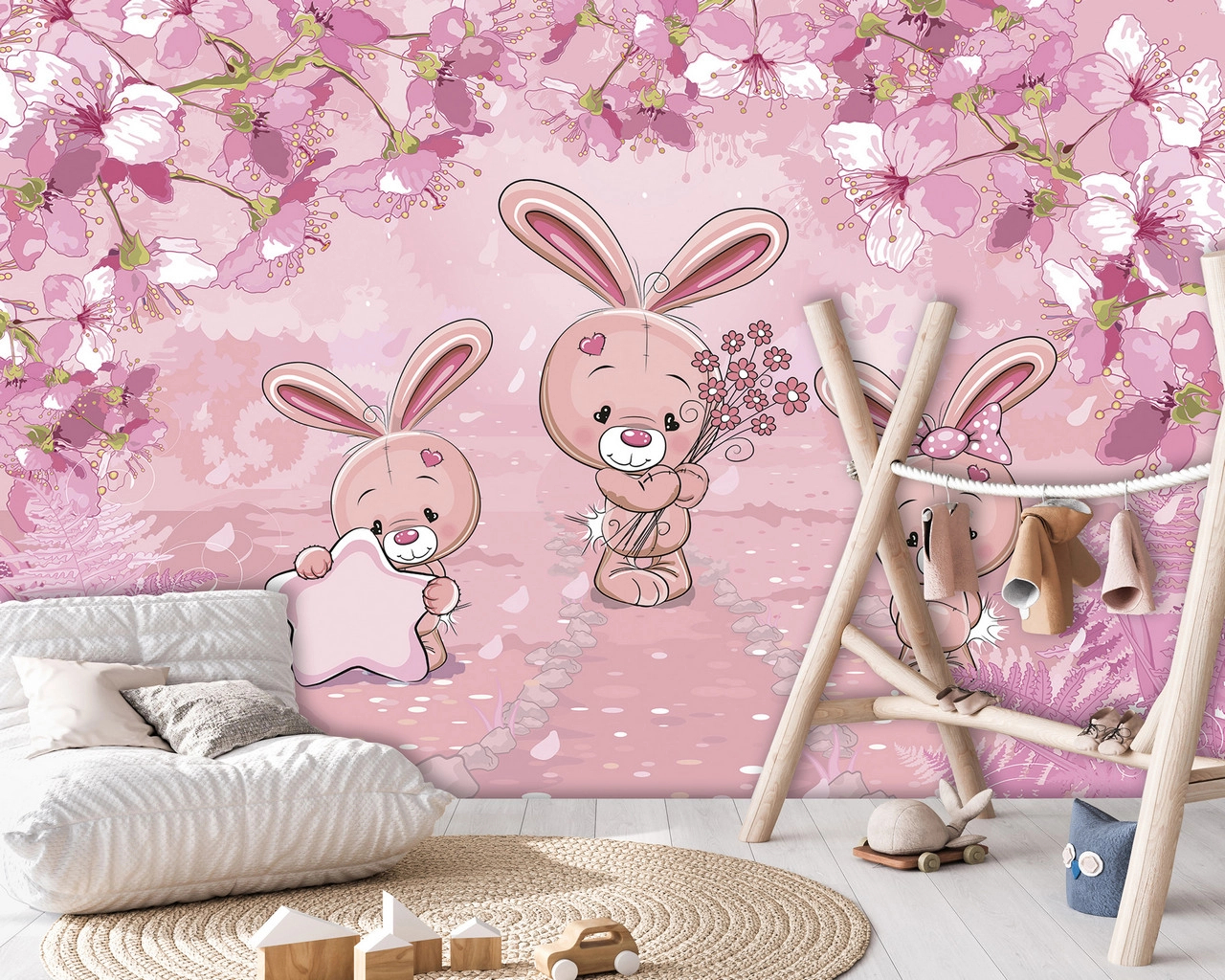 Rózsaszín nyuszi és virág mintás gyerek design poszter tapéta 368x254 vlies