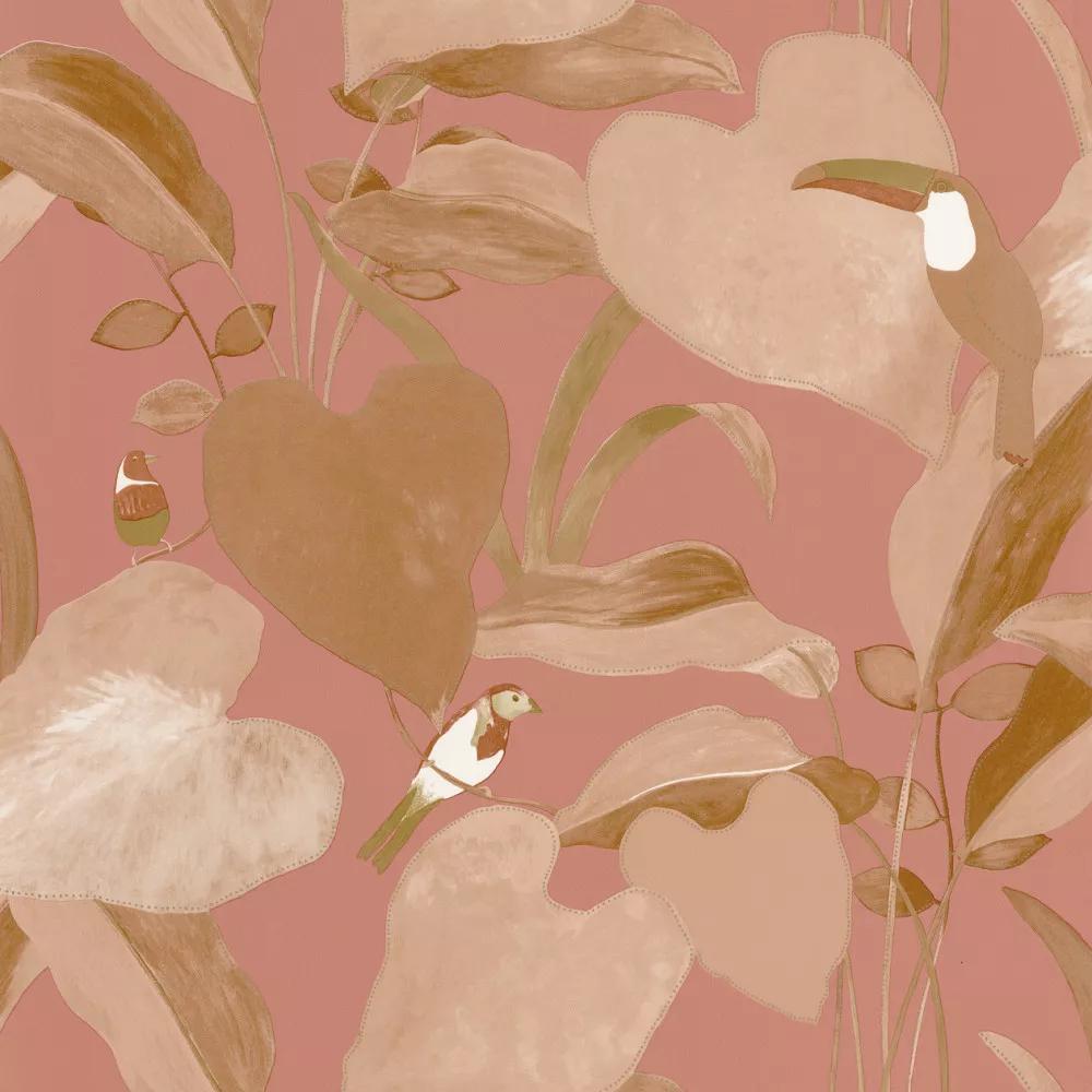 Rózsaszín skandináv stílusi egzotikus pálma és madár mintás vlies design tapéta