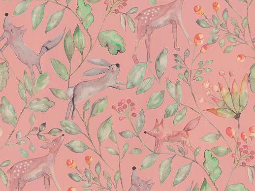 Rózsaszín skandináv stílusú erdei mintás gyerektapéta mosható felülettel