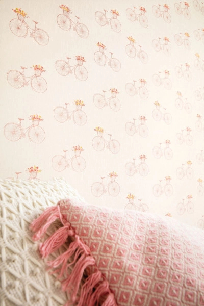 Rózsaszín vintage bicikli mintás design tapéta