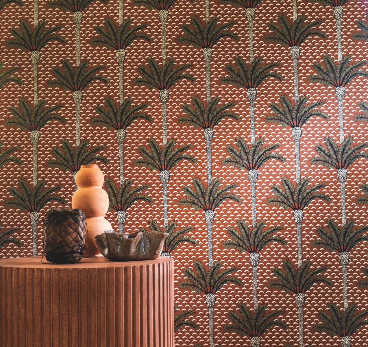 Rozsda barna színű struktúrált pálmafa mintás casamance design tapéta