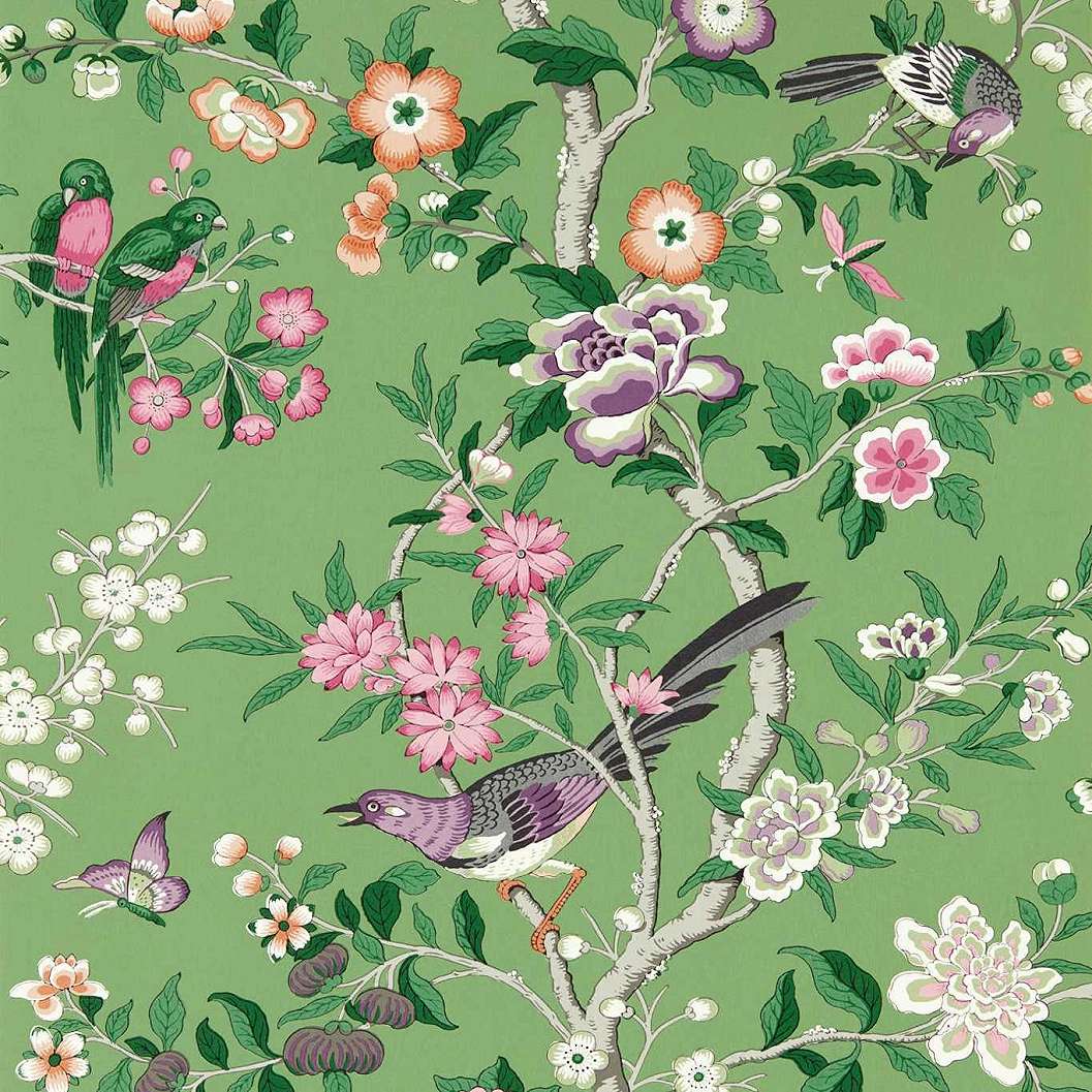 Sanderson tapéta zöld romantikus virág és madár mintával