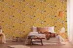 Sárga alapon faág és virág mintás mosható dekor tapéta