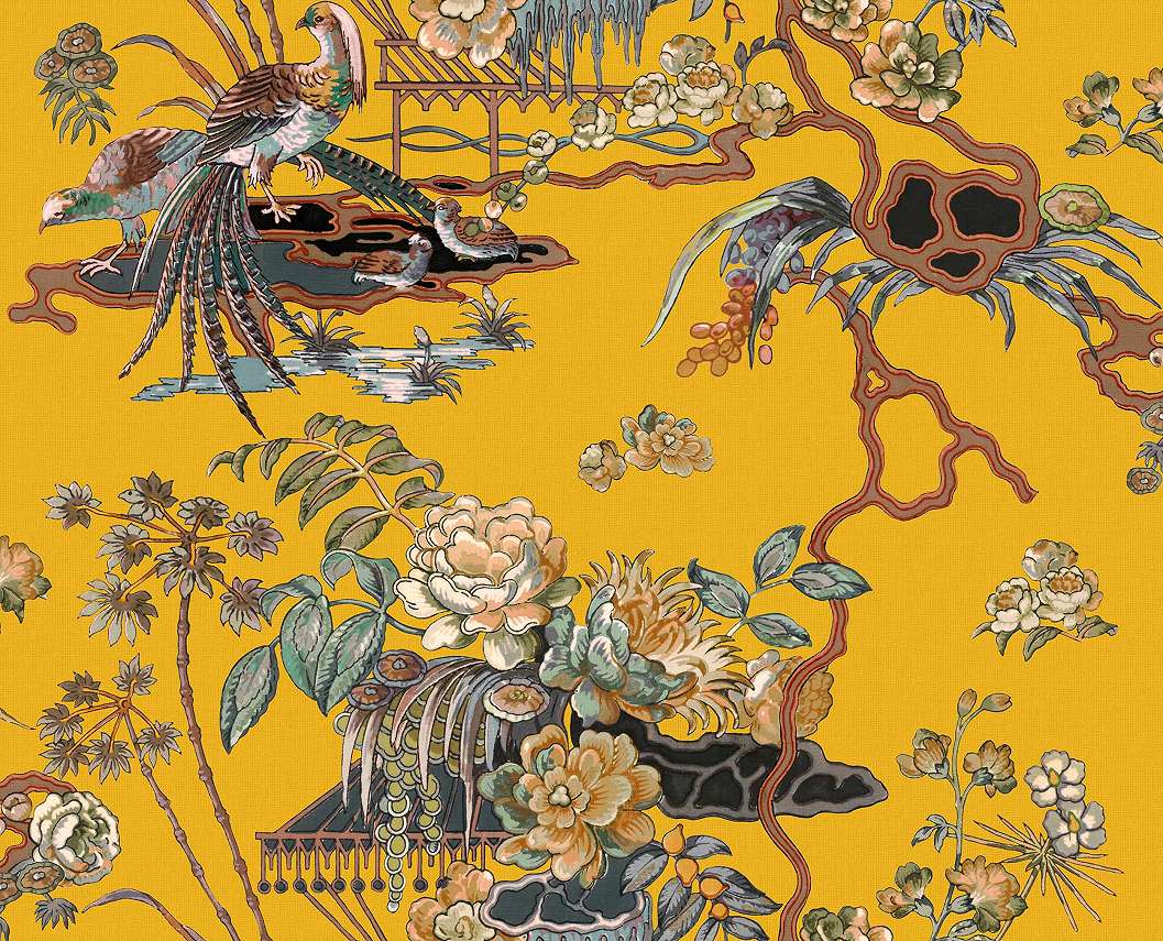Sárga dekor tapéta népies kínai mintával madár virág