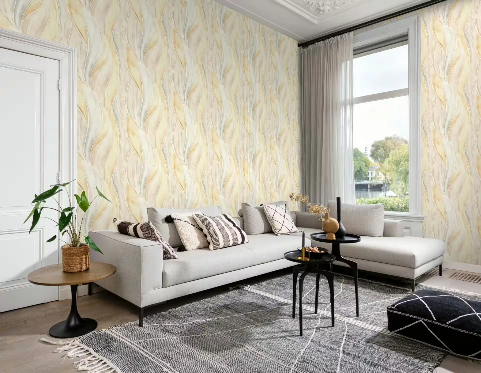 Sárga és szürke hullám mintás vlies dekor tapéta