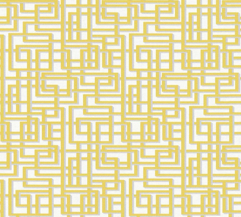 Sárga geometrikus mintás tapéta labirintus mintával