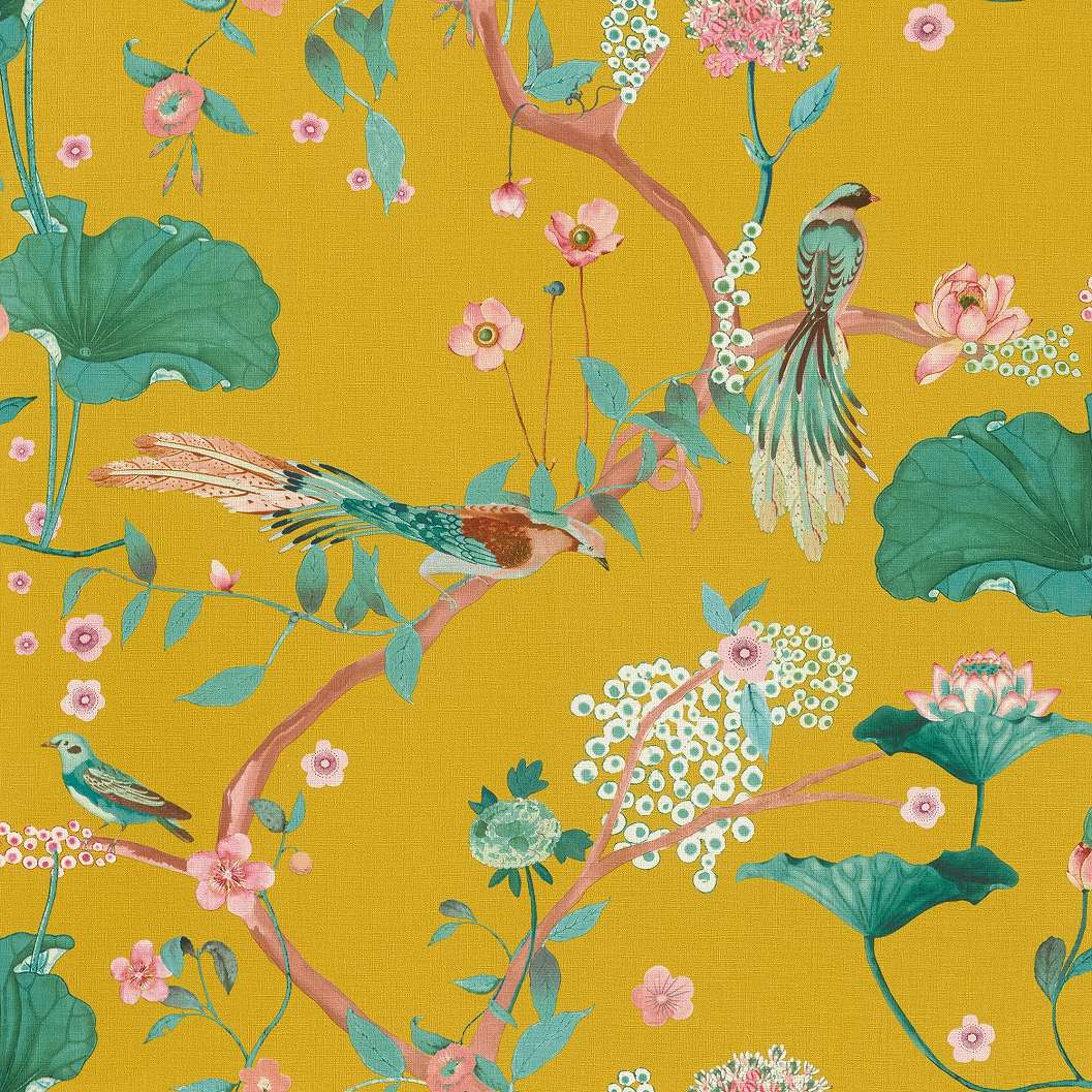Sárga keleties hangulatú virág és madár mintás dekor tapéta