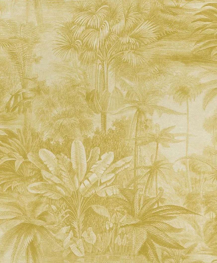 Sárga metál fényű trópusi dzsungel mintás design tapéta