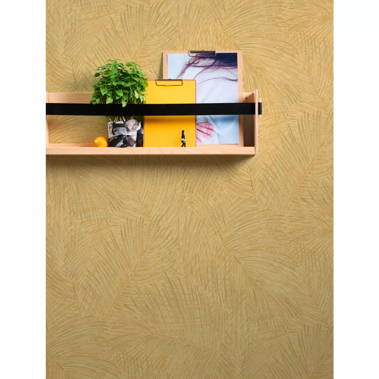 Sárga modern mosható felületű pálmalevél mintás vinyl tapéta