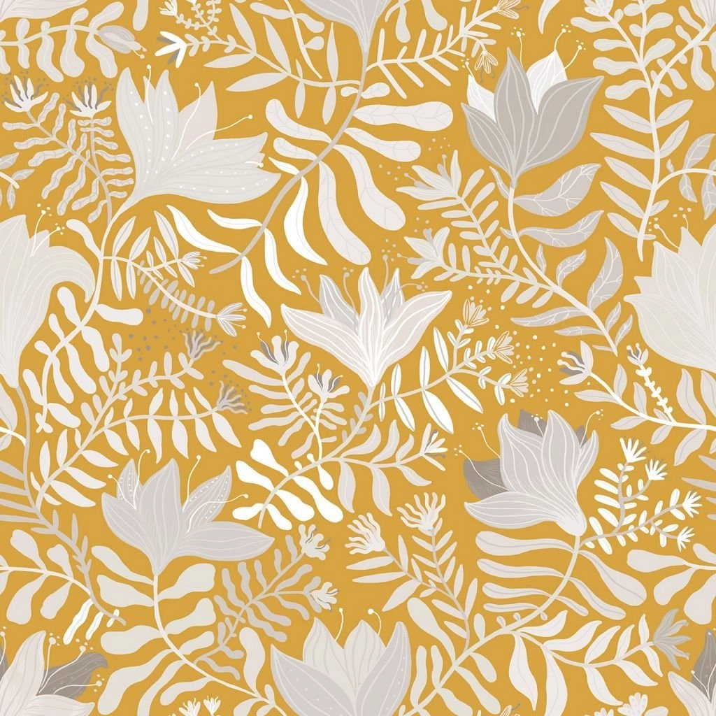 Sárga skandi stílusú virágmintás design tapéta