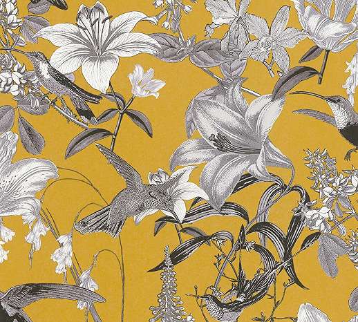 Sárga virág és kolibri madár mintás design tapéta