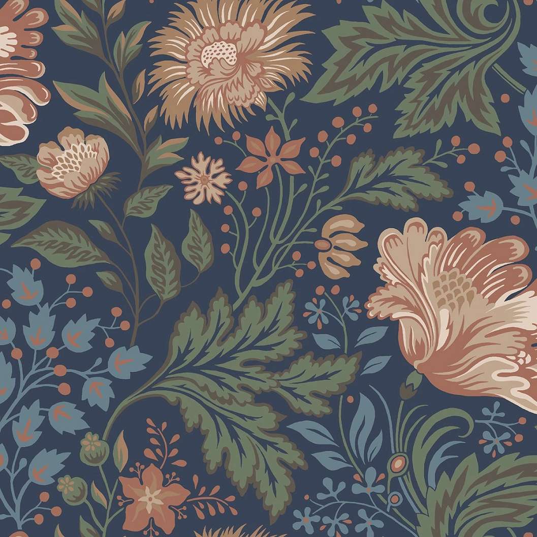 Skandi levél és virágmintás kék dekor tapéta, Ava classic blue