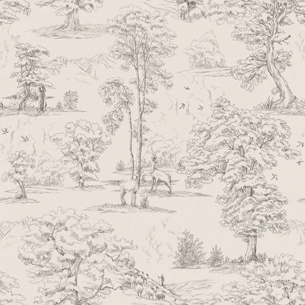 Skandináv design tapéta erdei tájkép mintával skiccrajz stílusban