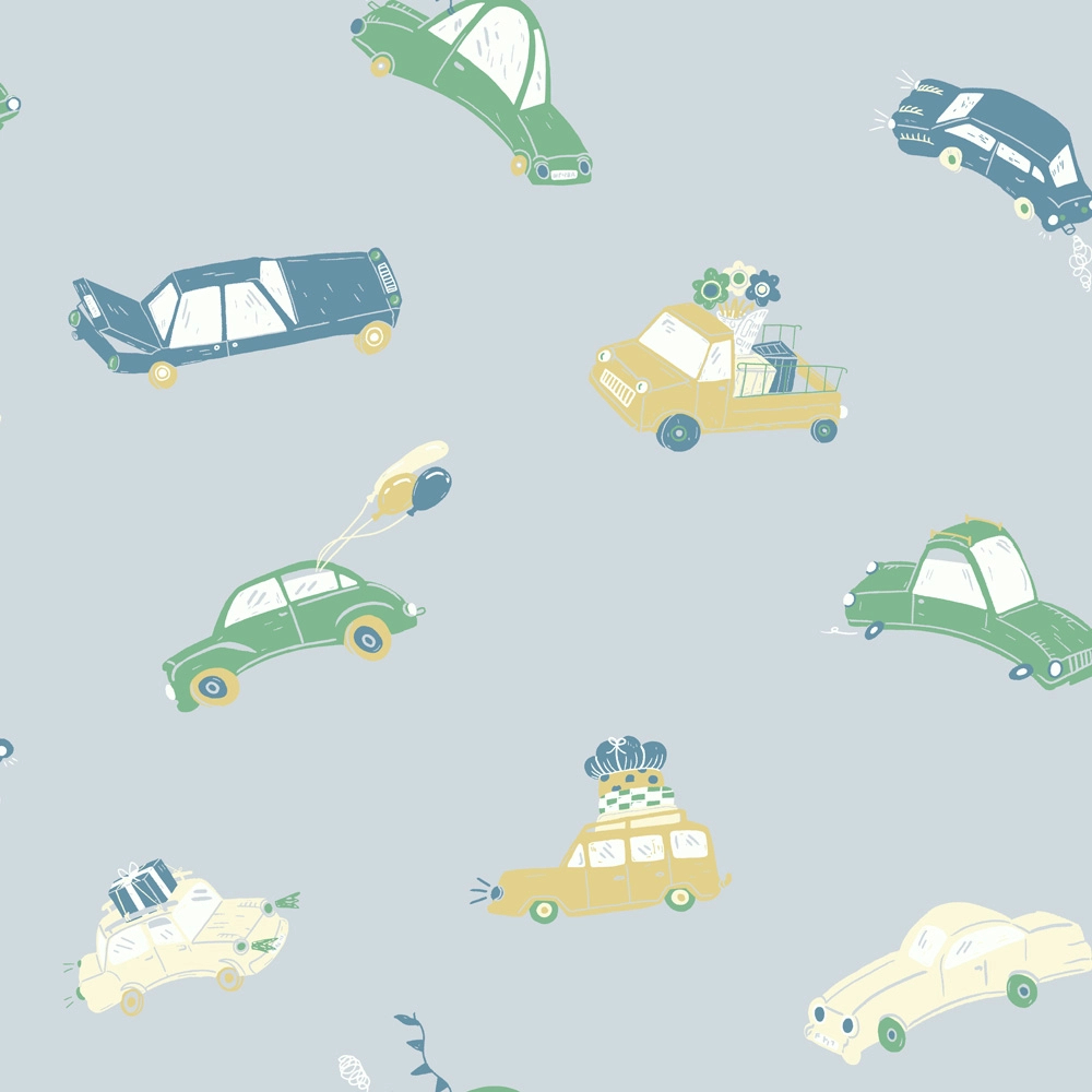 Skandináv gyerek tapéta kék színben autó mintával
