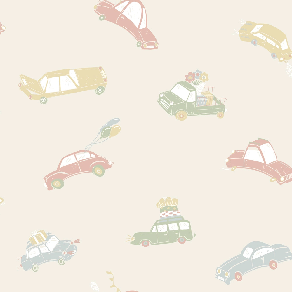 Skandináv gyerek tapéta krém színben autó mintával