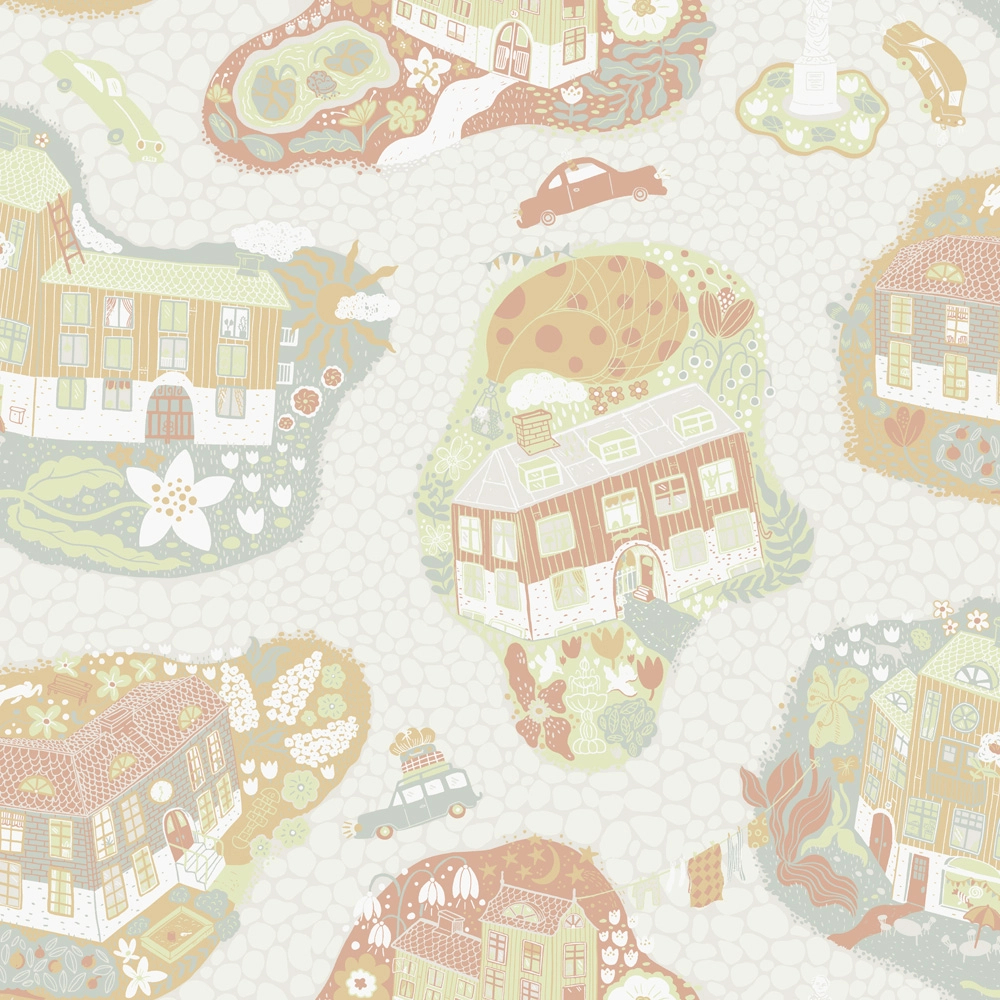 Skandináv gyerek tapéta rózsaszín és sárga színben kisváros mintával