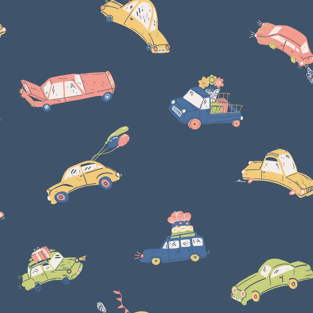 Skandináv gyerek tapéta sötétkék színben autó mintával