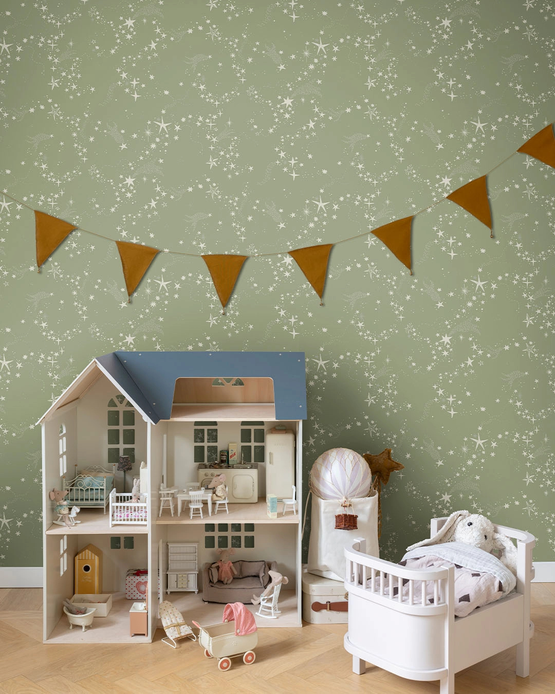 Skandináv gyerek tapéta zöld színben csillag mintával