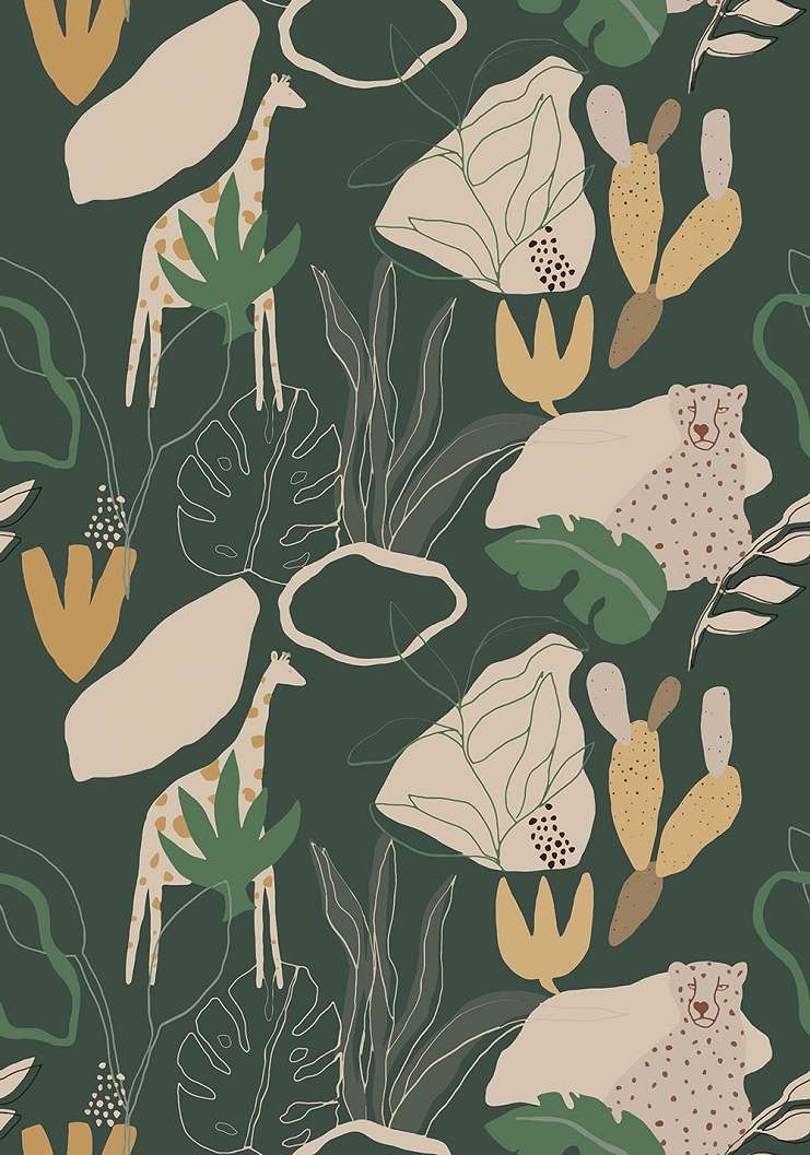 Sötét zöld háttéren levél és állat mintás gyerek fotótapéta