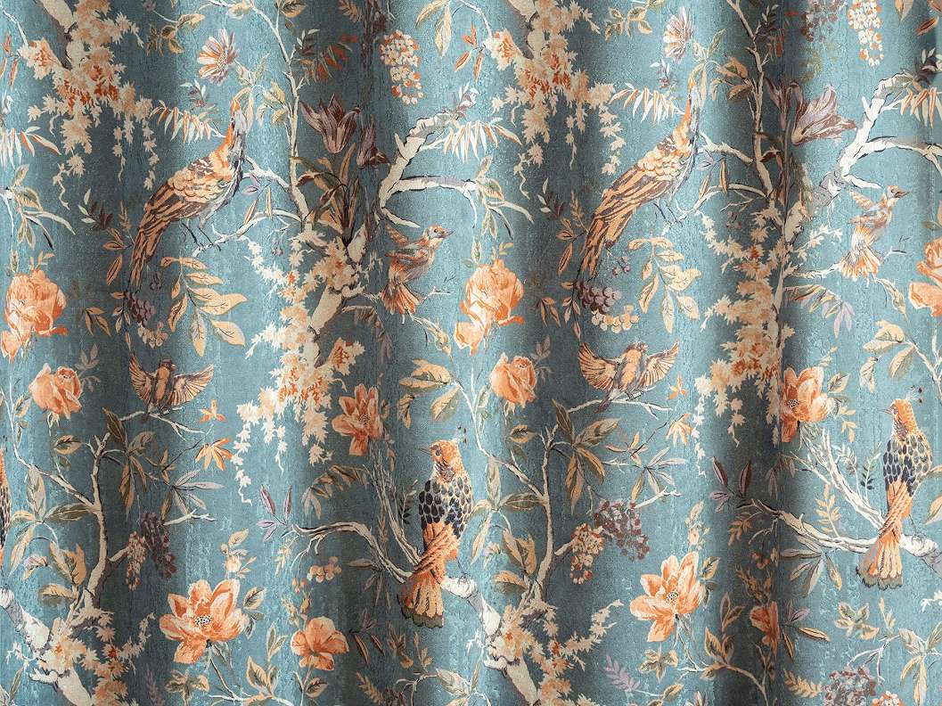 Sötétítő függöny textil anyag kék alapon madár és levél mintával