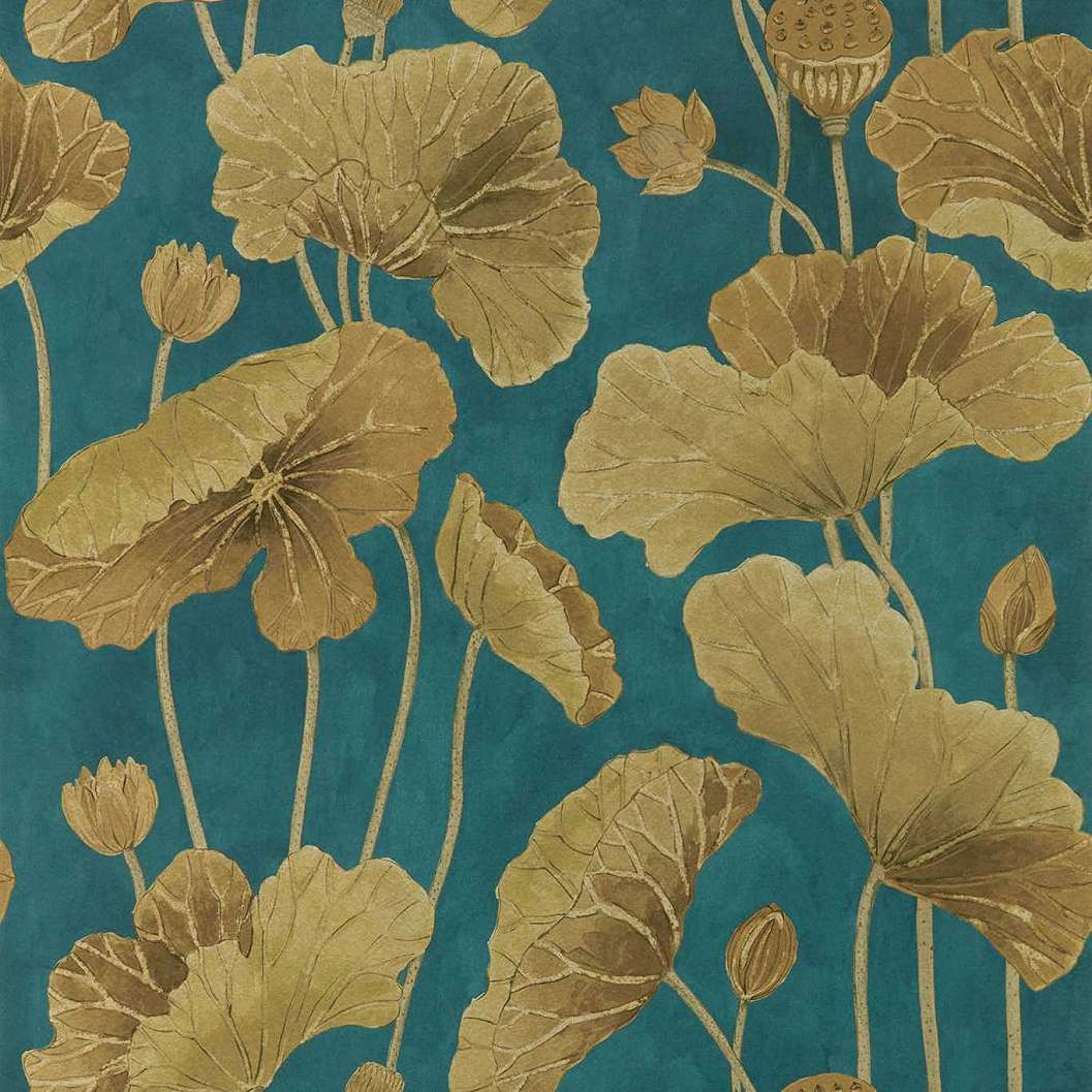 Sötétkék arany Sanderson tapéta lotusz virág mintával