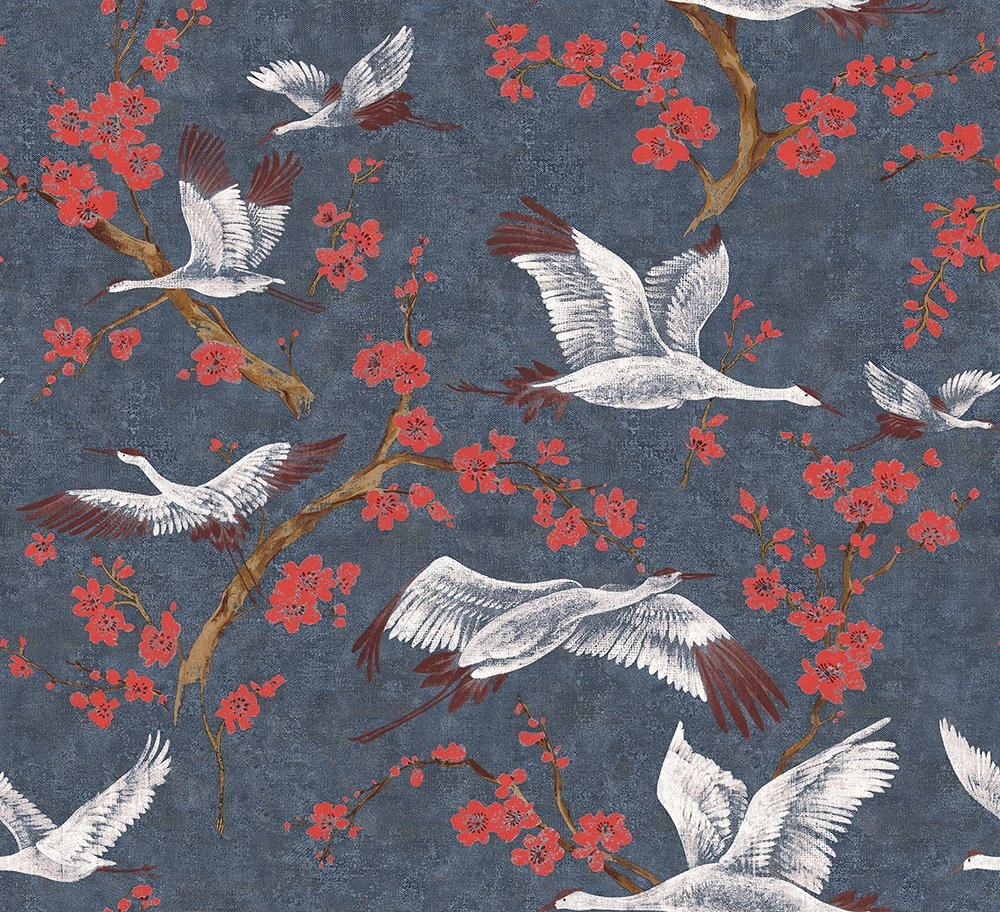 Sötétkék darumadár és virágmintás design tapéta festett hatással textil struktúrált alapon