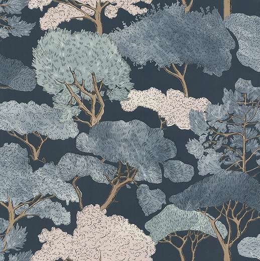 Sötétkék erdei fa mintás design tapéta rajzolt stílusban