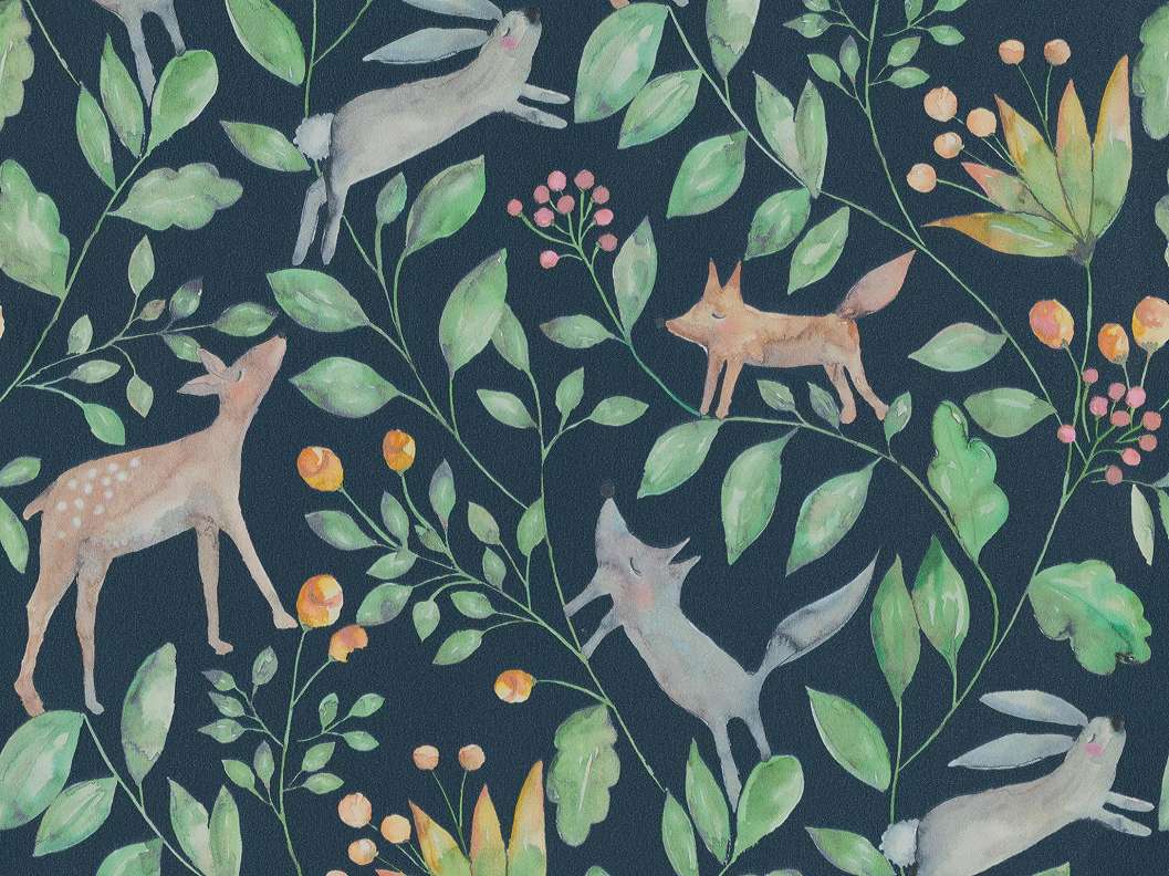 Sötétkék gyerekszobai erdei állat mintás dekor tapéta
