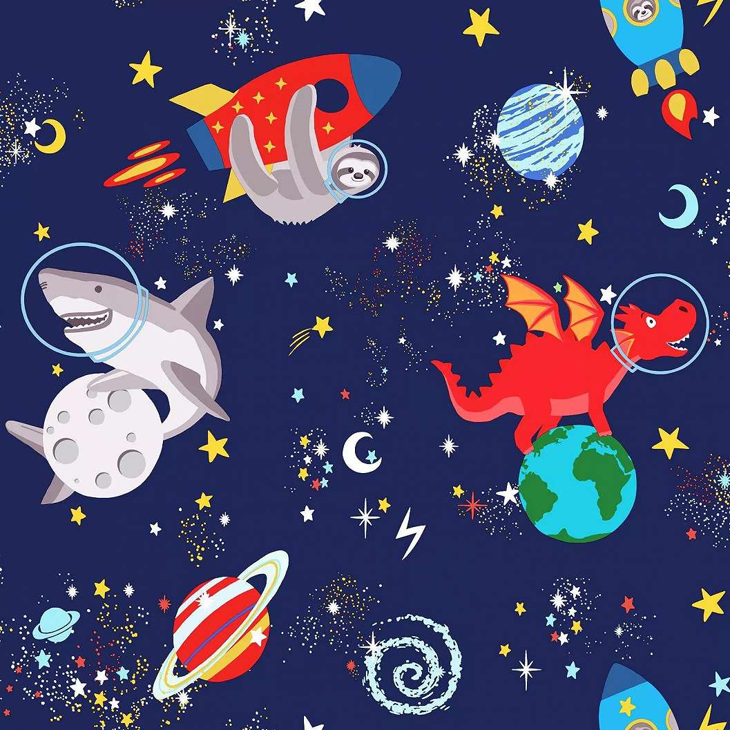Sötétkék gyerektapéta, űrhajó, bolygó és kedves állat mintákkal