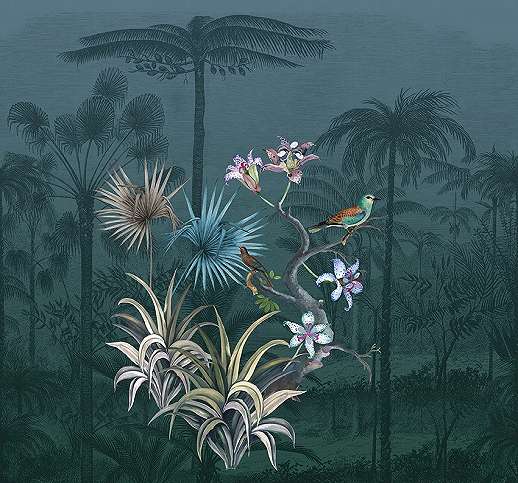 Sötétkék trópusi botanikus poszter tapéta madár mintákkal