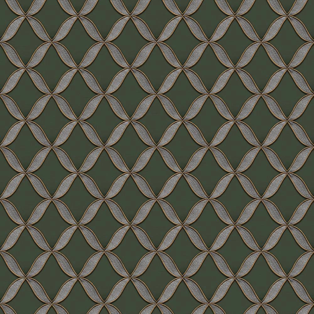 Sötétzöld hímzett hatású dekor tapéta geometrikus mintával