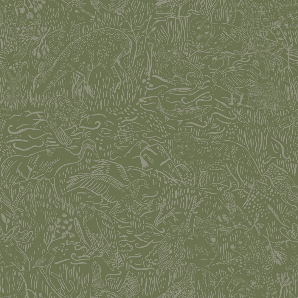 Sötétzöld tapéta rajzolt állatos mintával