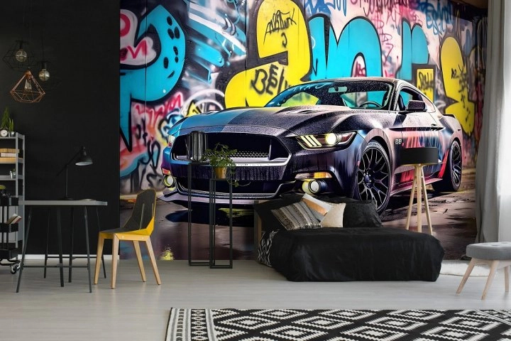 Sportauto graffiti mintás vlies fali poszter tapéta kamasz szobába 368x254 vlies