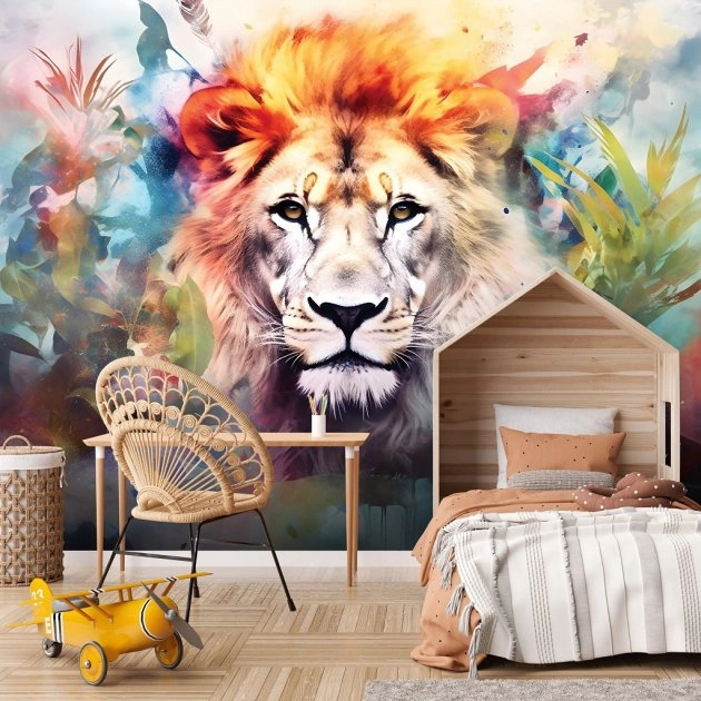 Színes akvarell oroszlán mintás fali poszter tapéta 368x254 vlies