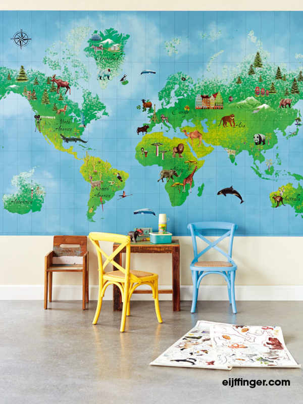Színes állatos világtérkép faliposzter gyerekszobába