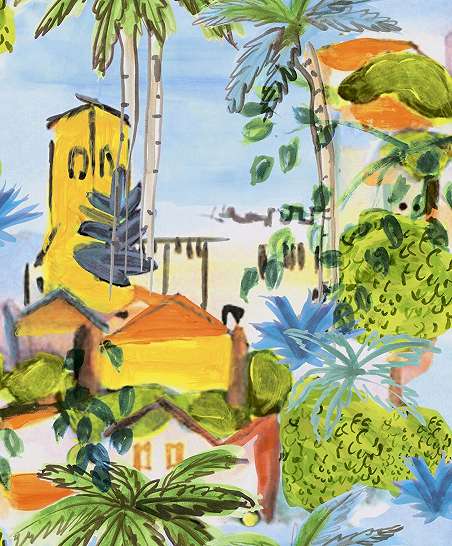 Színes festmény hatású mediterrán tájkép mintás design tapéta