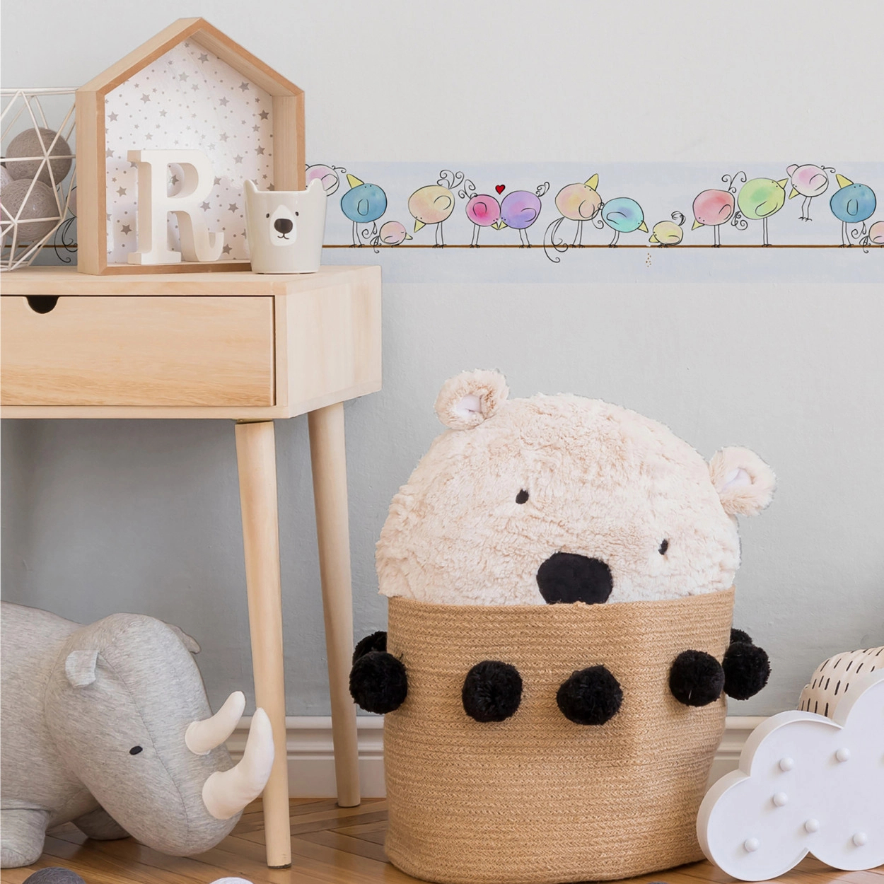 Színes rajzolt madár mintás öntapadós bordűr gyerekszobába