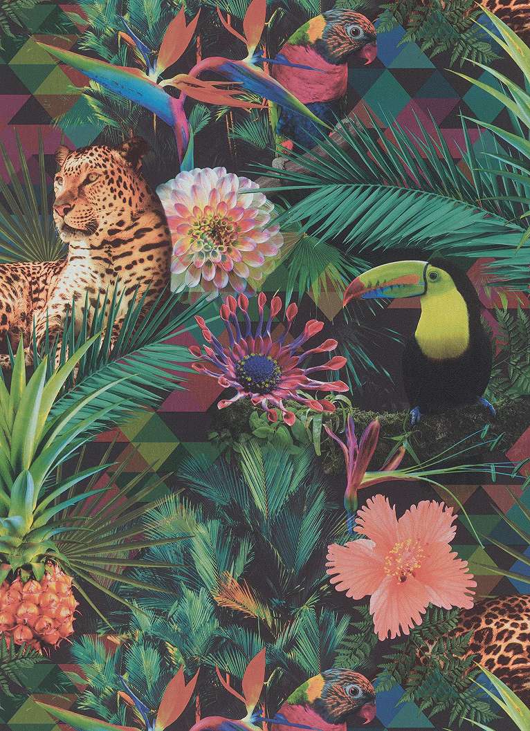 Színes trendi trópusi állat és dzsungel mintás vlies design tapéta