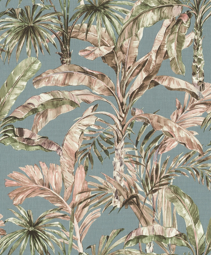 Szükéskék textilhatású alapon modern trópusi levélmintás dekor tapéta