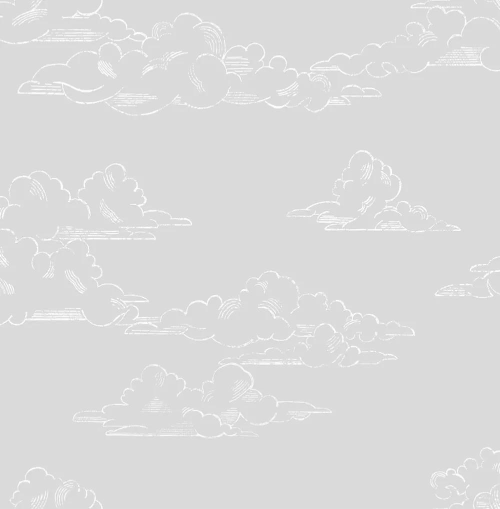Szürke alapon rajzolt felhő mintás tapéta gyerekszobába