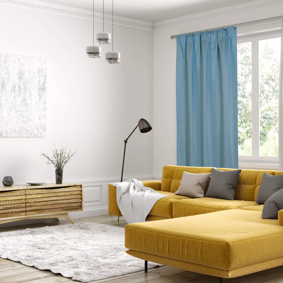 Szürke alapon zöldes geometria mintás design sötétítő függöny textil anyag