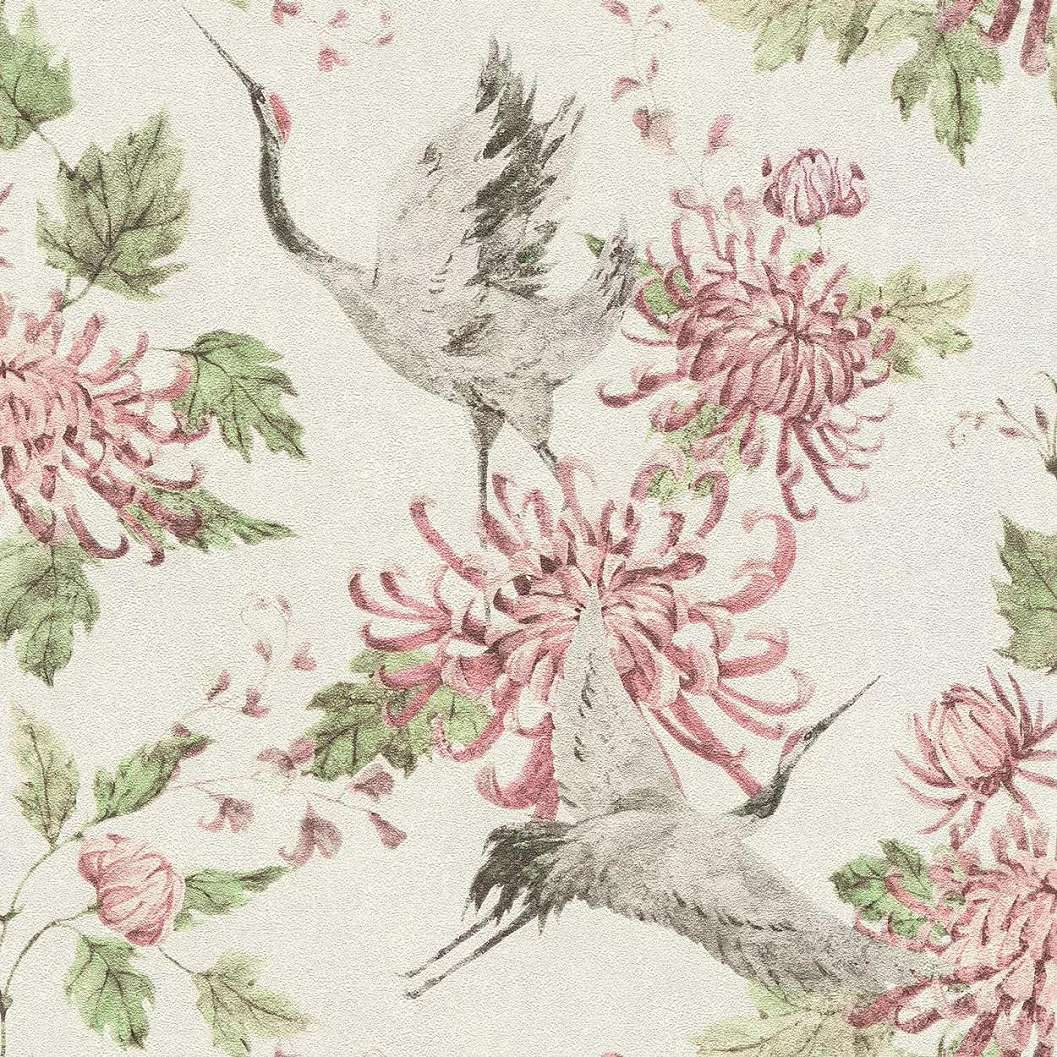 Szürke daru madár mintás keleties vlies vinyl design tapéta rózsaszín virágmintával